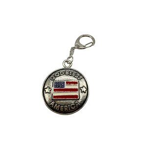 God Bless America Keychain Enamel USA Flag Stars Silver Design Patriotic Vintage